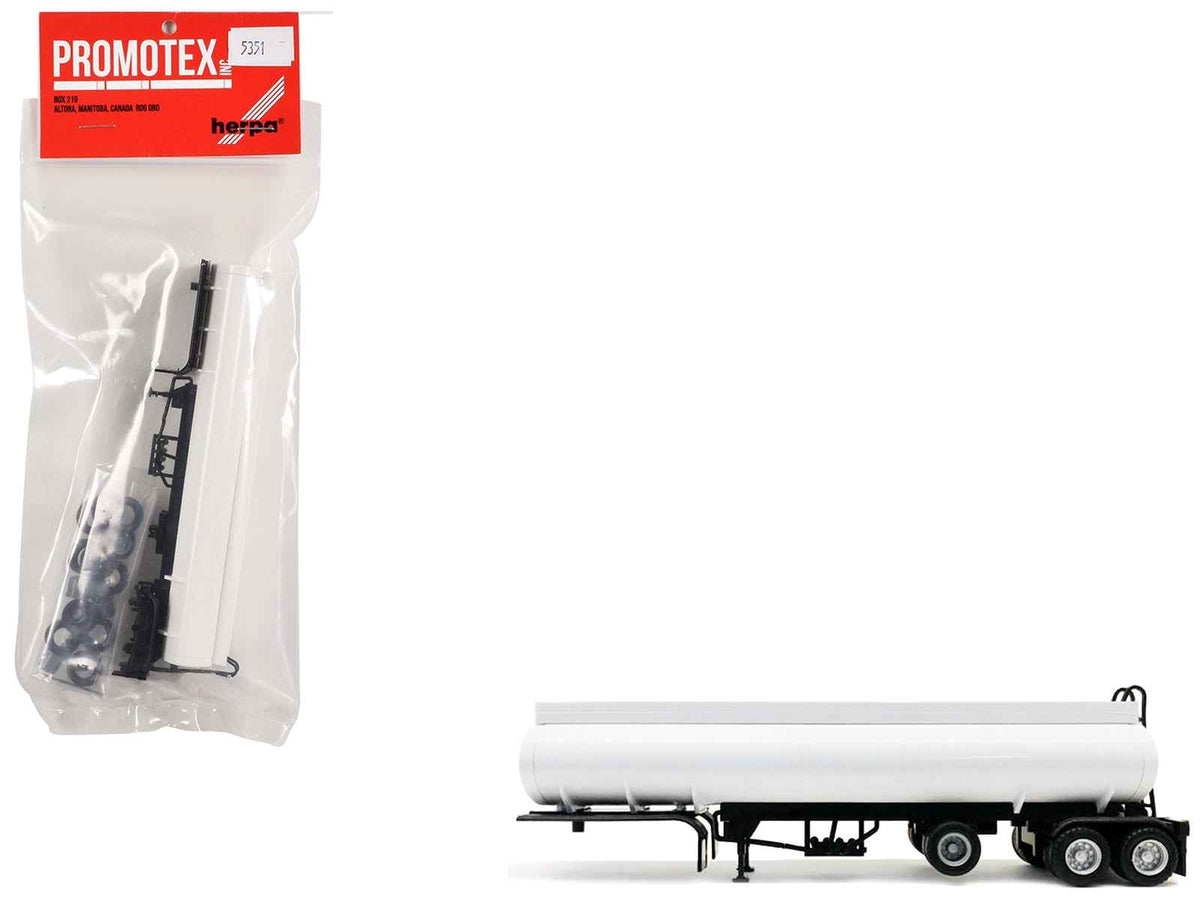 White Tag-Axle Elliptical Tanker Trailer HO scale plastic model by Miniature Motors, detailed miniature accessory for model trains.