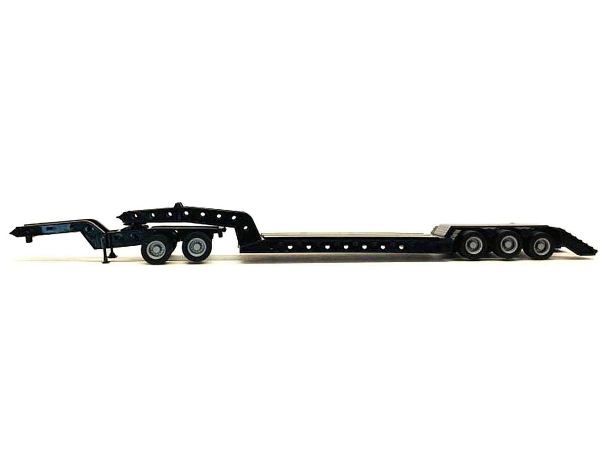 Miniature Motors black heavy equipment lowboy trailer with a Jeep model, detailed 1/87 scale plastic accessory for model collections