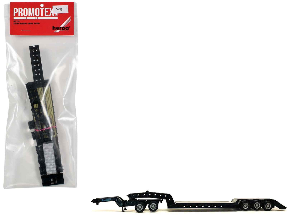 Miniature Motors 1/87 Heavy Equipment Lowboy Trailer with Jeep plastic model, detailed black HO scale accessory for dioramas.