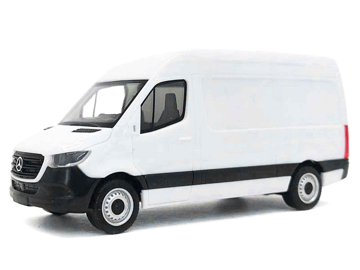 White 2018 Mercedes-Benz Sprinter van miniature model in HO scale by Miniature Motors, detailed plastic car collectible.
