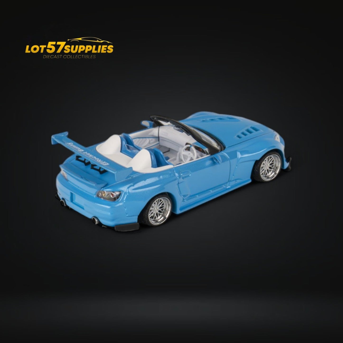 Metallic blue Honda S2000 diecast model by Lot57Supplies, custom Rocket Bunny design, 1:64 scale, detailed collectible car.