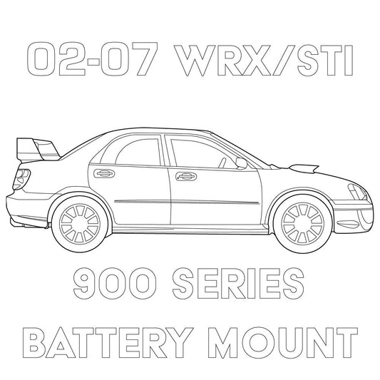 Blueprint of MeLe Design Firm 2002-2007 Subaru WRX/STI 900 Series Battery Mount, showcasing detailed mounting components.