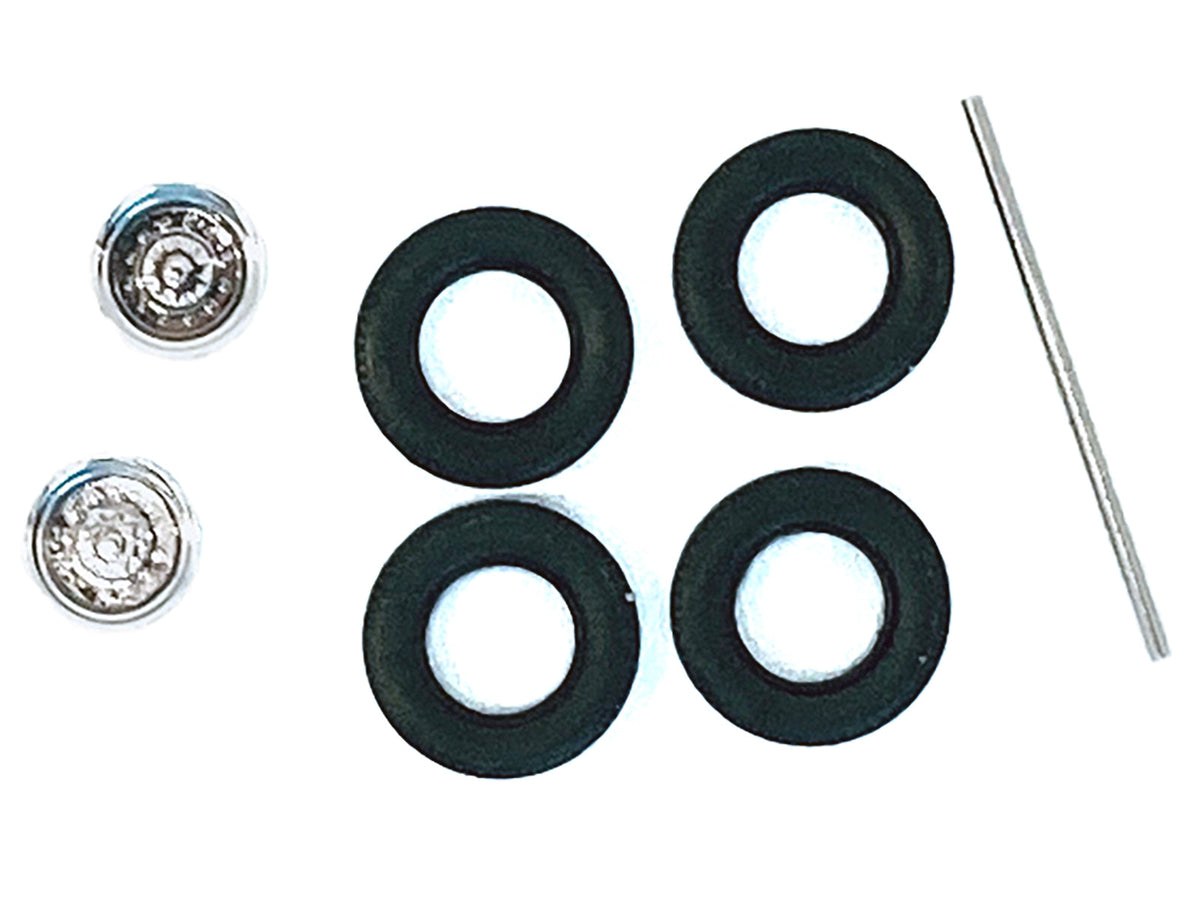 Chrome rear wheelset for HO scale plastic model by Miniature Motors, featuring planetary design and detailed miniature accessories.