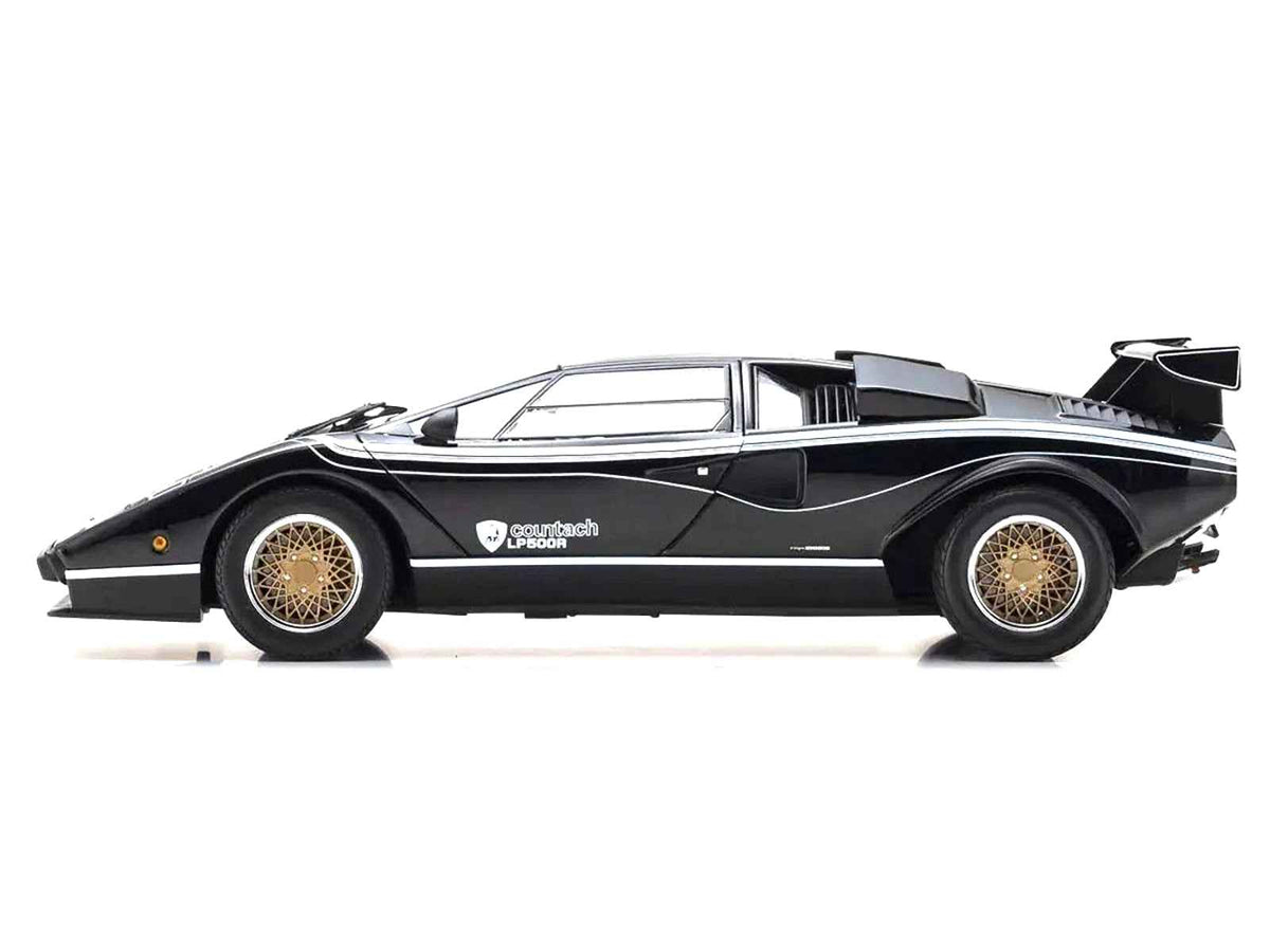 Black Lamborghini Countach LP 500R diecast model car with white interior, 1/18 scale, by Kyosho, detailed miniature collectible.