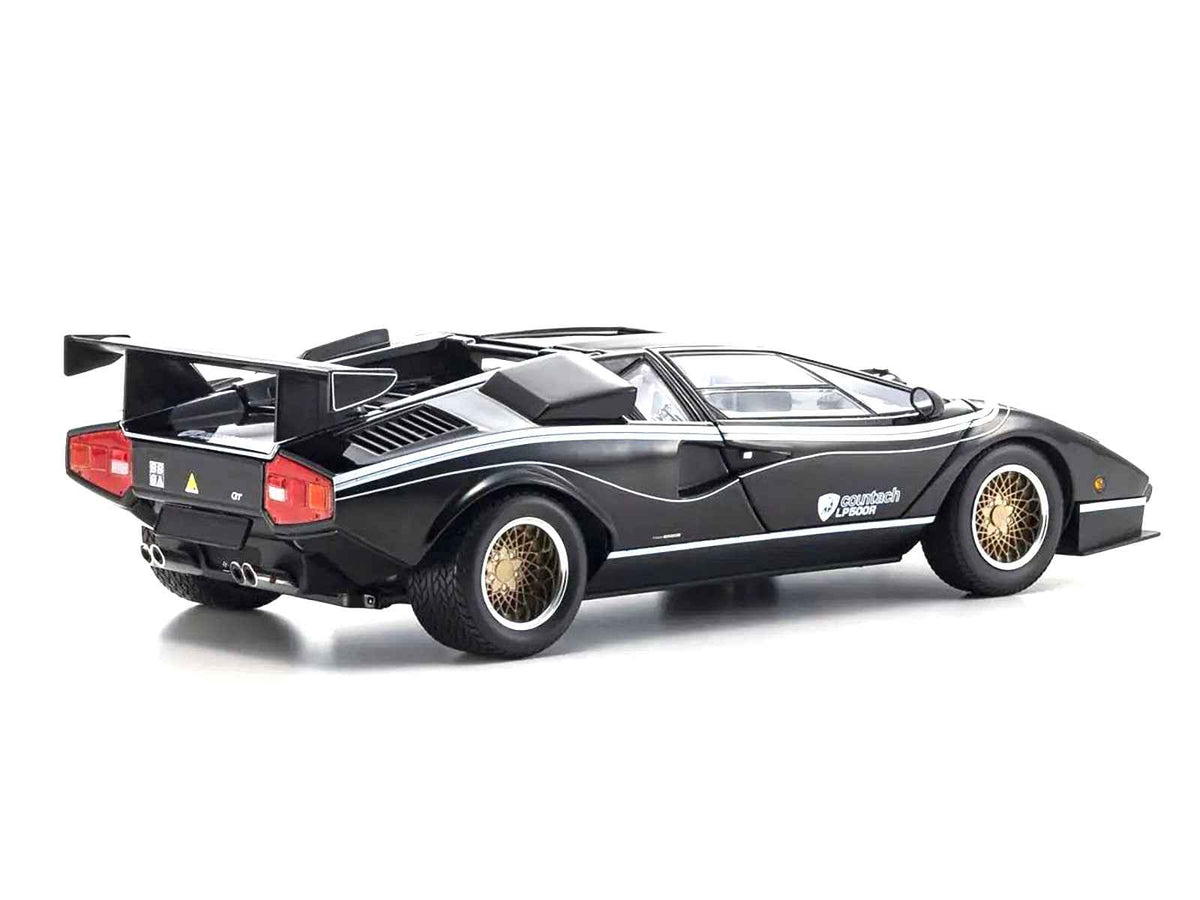 Black Lamborghini Countach LP 500R diecast model car with white interior, detailed 1/18 scale by Kyosho, miniature Lamborghini models.