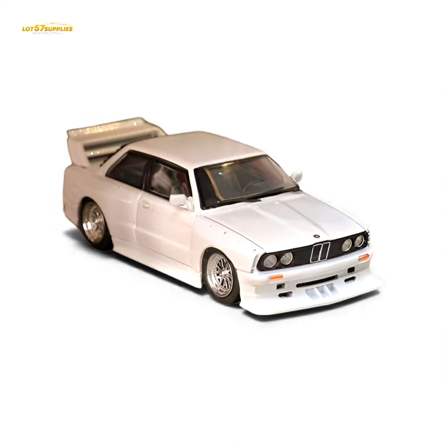 White BMW E30 M3 diecast model by Lot57Supplies, detailed 1:64 scale car with sporty design and realistic features.