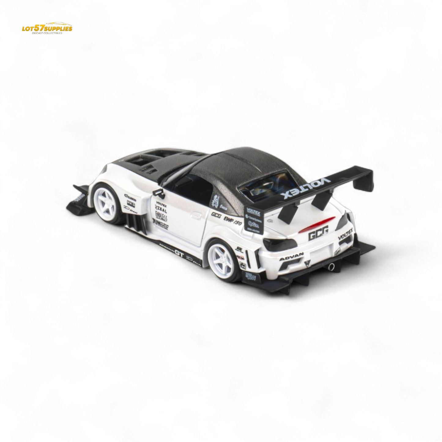 Metallic white Honda S2000 diecast model by Lot57Supplies, 1:64 scale, detailed miniature car for collection and display.