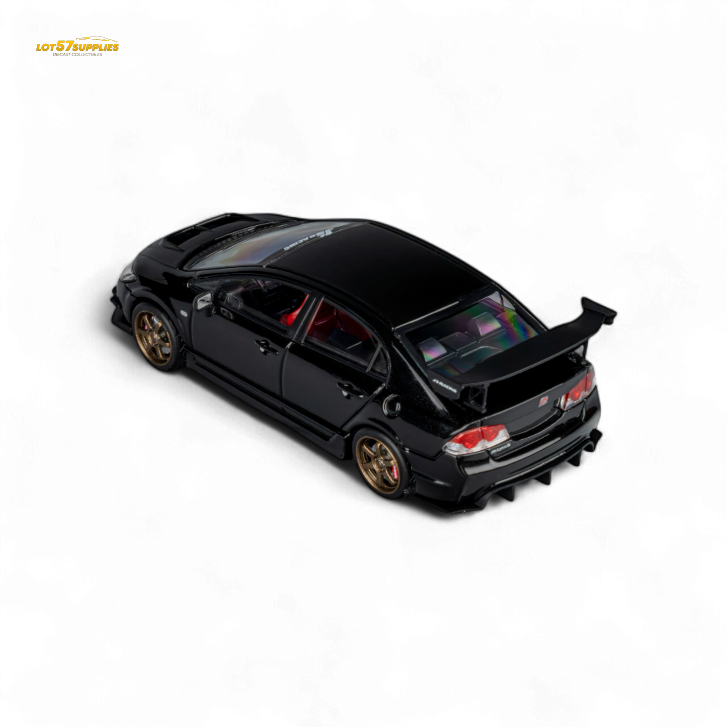 Black Honda Microturbo FD2 J's Racing diecast model car in 1:64 scale, featuring metallic black finish and detailed design.
