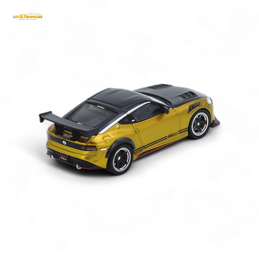 Gold Inno64 Top Secret Fairlady Z RZ34 1:64 scale diecast Nissan model featuring detailed exterior and sporty design.
