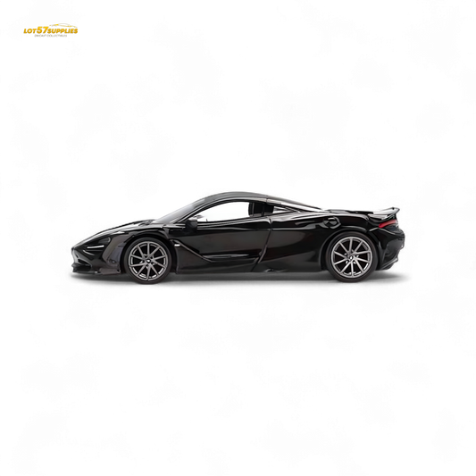 Mini-GT McLaren 750S diecast car in Saros Grey, 1:64 scale, showcasing detailed design and authentic features.
