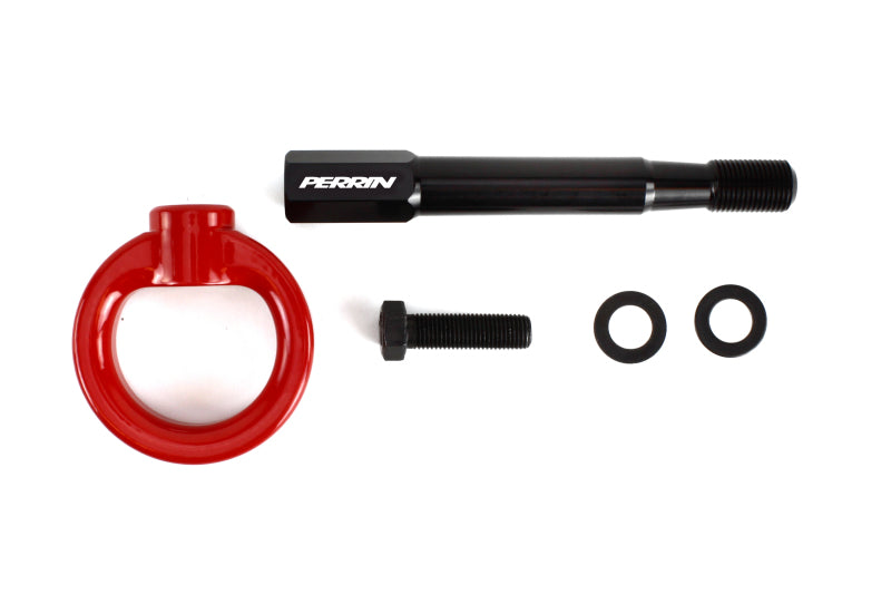 Red PERRIN rear tow hook for 2008-2014 Subaru WRX and STI hatchback, JDMuscle performance car accessory.