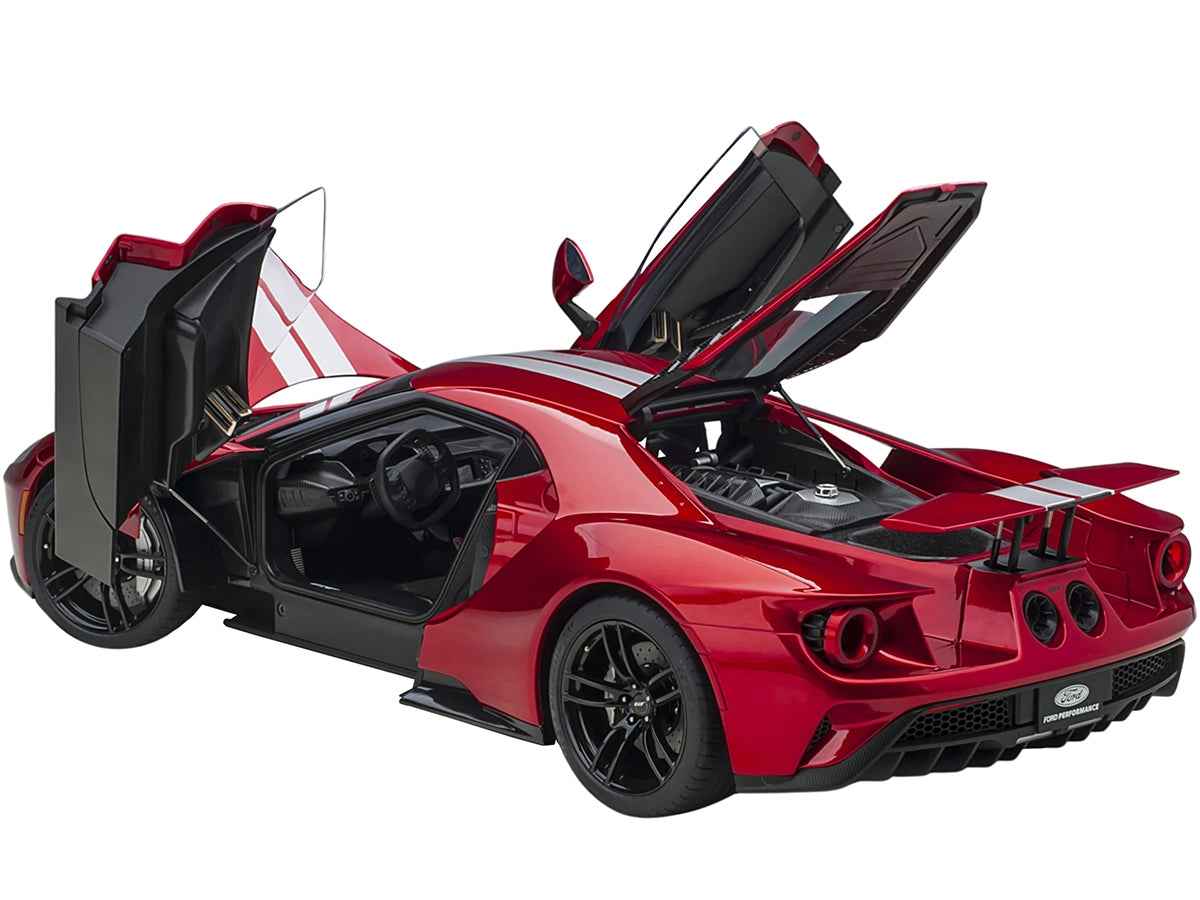 Miniature Ford GT 2017 Liquid Red Metallic model car with silver stripes by Autoart, detailed 1/12 scale Ford model from Miniature Motors.