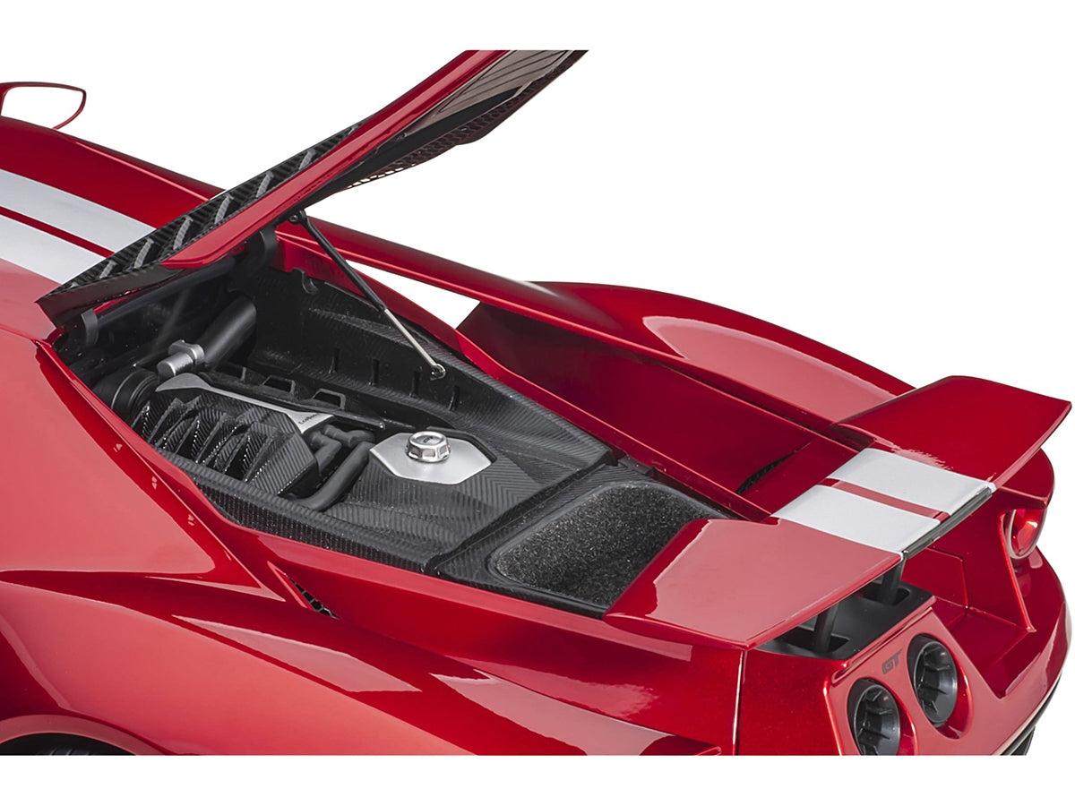 Miniature 1/12 Ford GT model car in Liquid Red Metallic with silver stripes by Autoart, detailed Ford model from Miniature Motors.