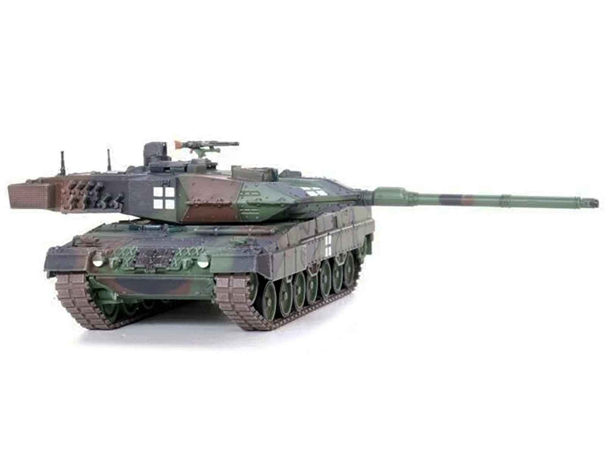 Green camouflage Leopard 2A6 main battle tank diecast model by Panzerkampf, detailed 1/72 scale for military model collectors.