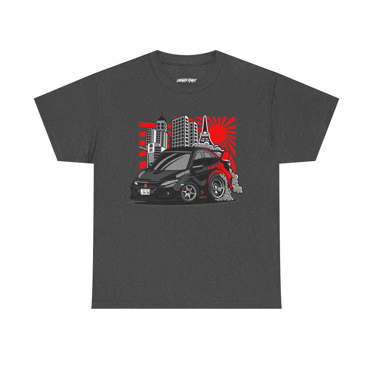Evergreen Kings FK8 Civic Type R Chibi T-Shirt featuring a colorful cartoon-style car graphic on a black tee.