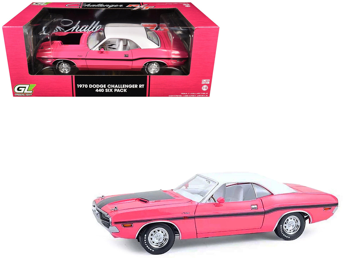 Miniature Motors 1/18 Dodge Challenger R/T 440 Six Pack diecast model car in Panther Pink with black stripes, white top, and interior