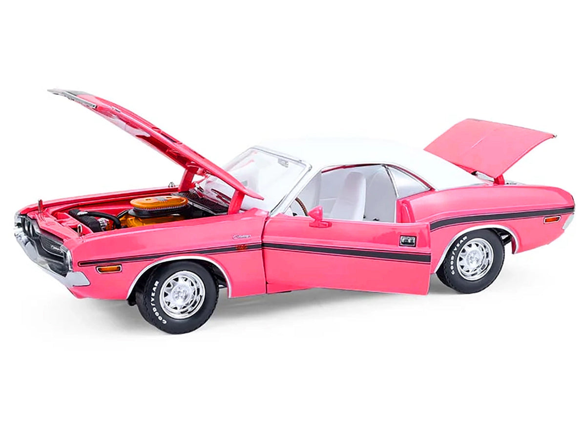 Miniature Motors 1970 Dodge Challenger R/T 440 Six Pack diecast model car in Panther Pink with black stripes and white interior.