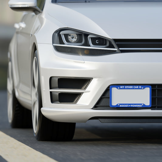 Rocket League themed license plate frame with "My Other Car Is Rocket Powered" text, designed for gaming car accessories.