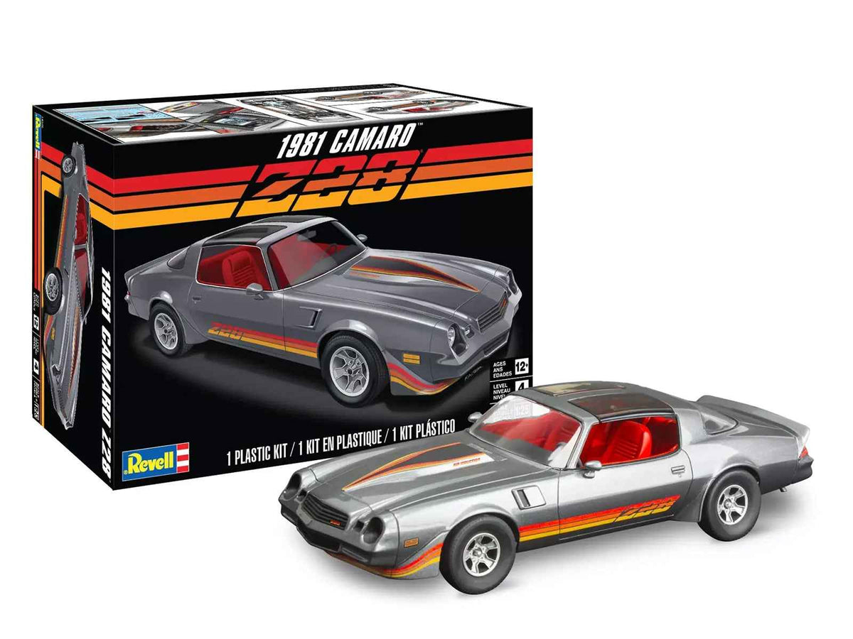 Miniature Motors 1/25 scale Chevrolet Camaro Z/28 Level 4 Model Kit by Revell, showing detailed car parts and assembly.