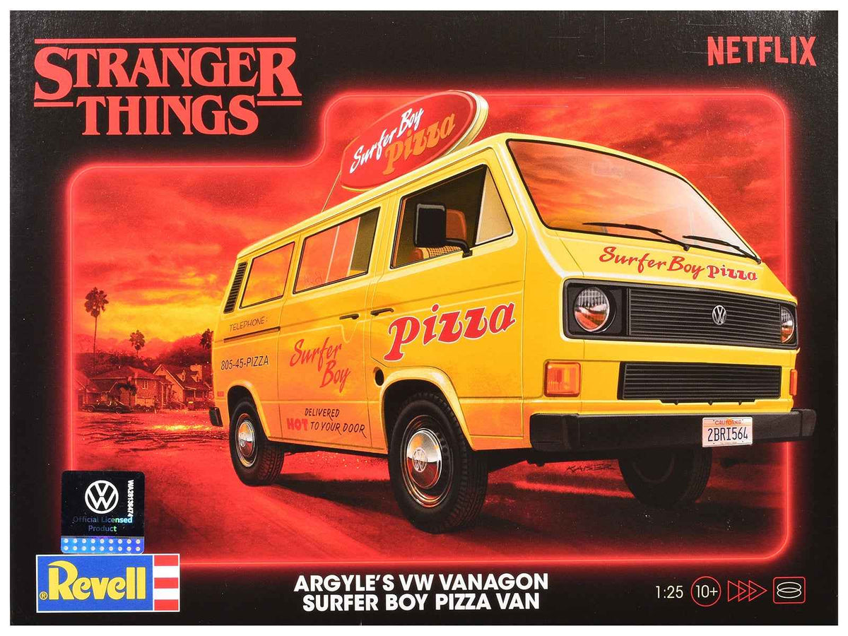Miniature Motors Level 3 Model Kit of Argyle's Volkswagen Vanagon "Surfer Boy Pizza" van from Stranger Things, 1/25 scale, detailed replica