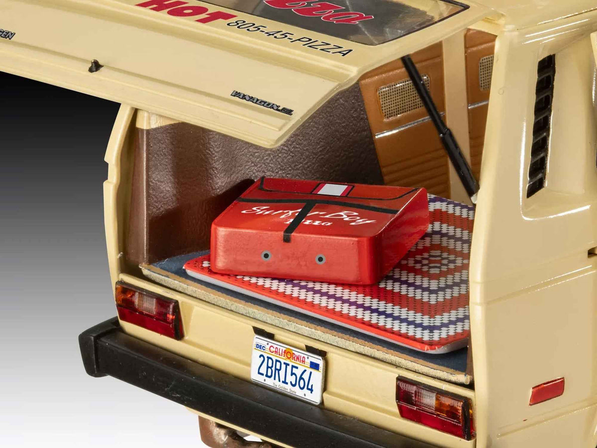 Miniature Motors 1/25 scale model of Argyle's Volkswagen Vanagon "Surfer Boy Pizza" van from Stranger Things, detailed TV series collectible.