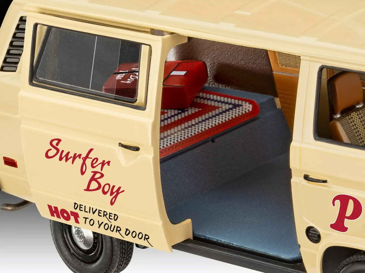 Miniature Motors 1/25 scale Stranger Things Volkswagen Vanagon model kit featuring Argyle's Surfer Boy Pizza Van by Revell.