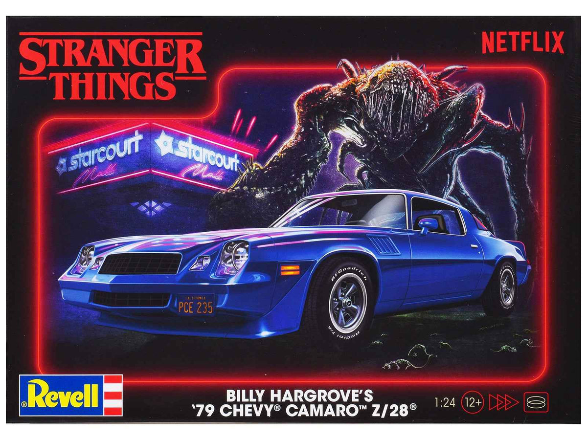 Miniature Motors Level 4 Billy Hargrove 1979 Chevrolet Camaro Z/28 model kit by Revell, showing detailed 1/24 scale assembly in progress.