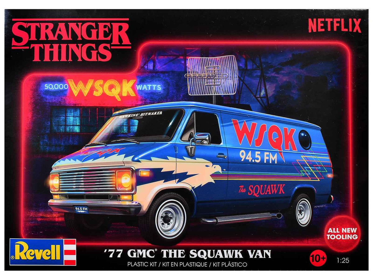 Revell 1/25 scale Model Kit of 1977 GMC "WSQK Squawk" Van from Stranger Things, built and displayed by Miniature Motors.