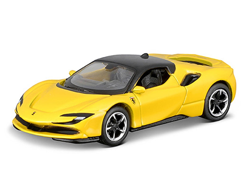 Yellow Ferrari SF90 Stradale diecast model car with black top, part of Miniature Motors' Speed Icons series, 1/64 scale.