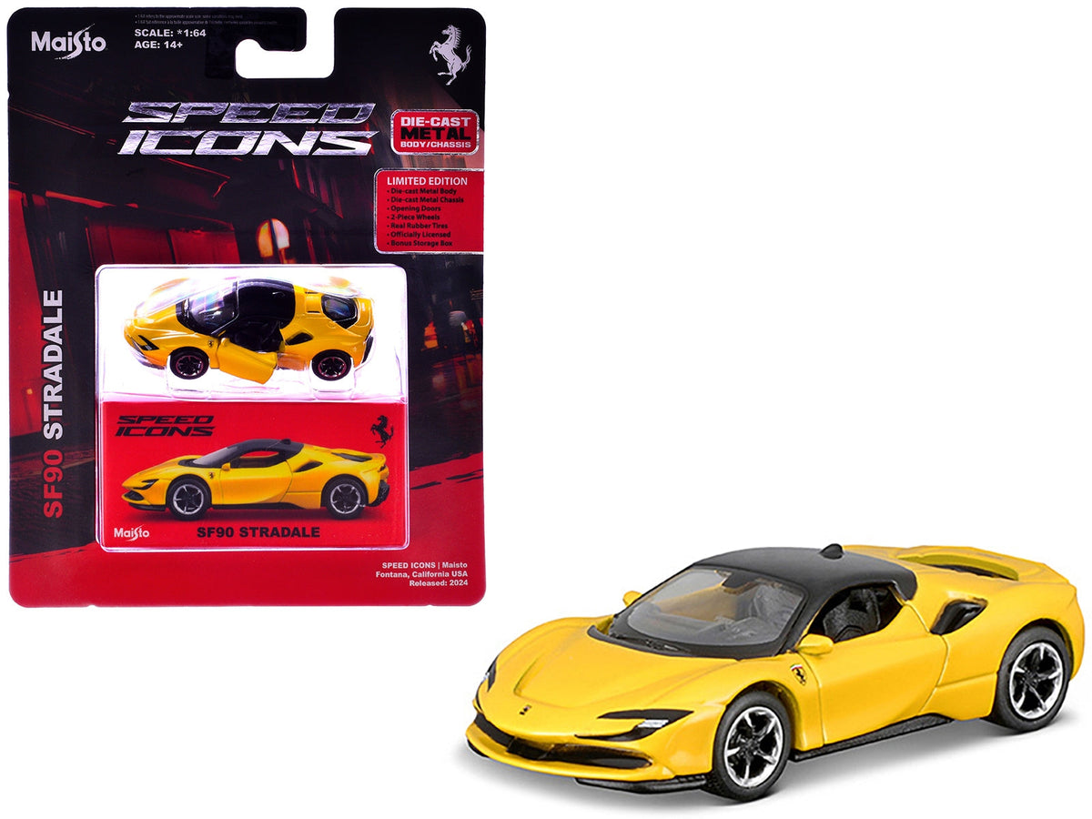 Yellow Ferrari SF90 Stradale diecast model car with black top from Miniature Motors, detailed "Speed Icons" series, 1/64 scale.