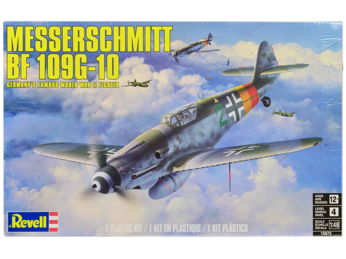 Detailed 1/48 scale Messerschmitt Bf 109G-10 fighter aircraft model by Revell, displayed with realistic markings and details.