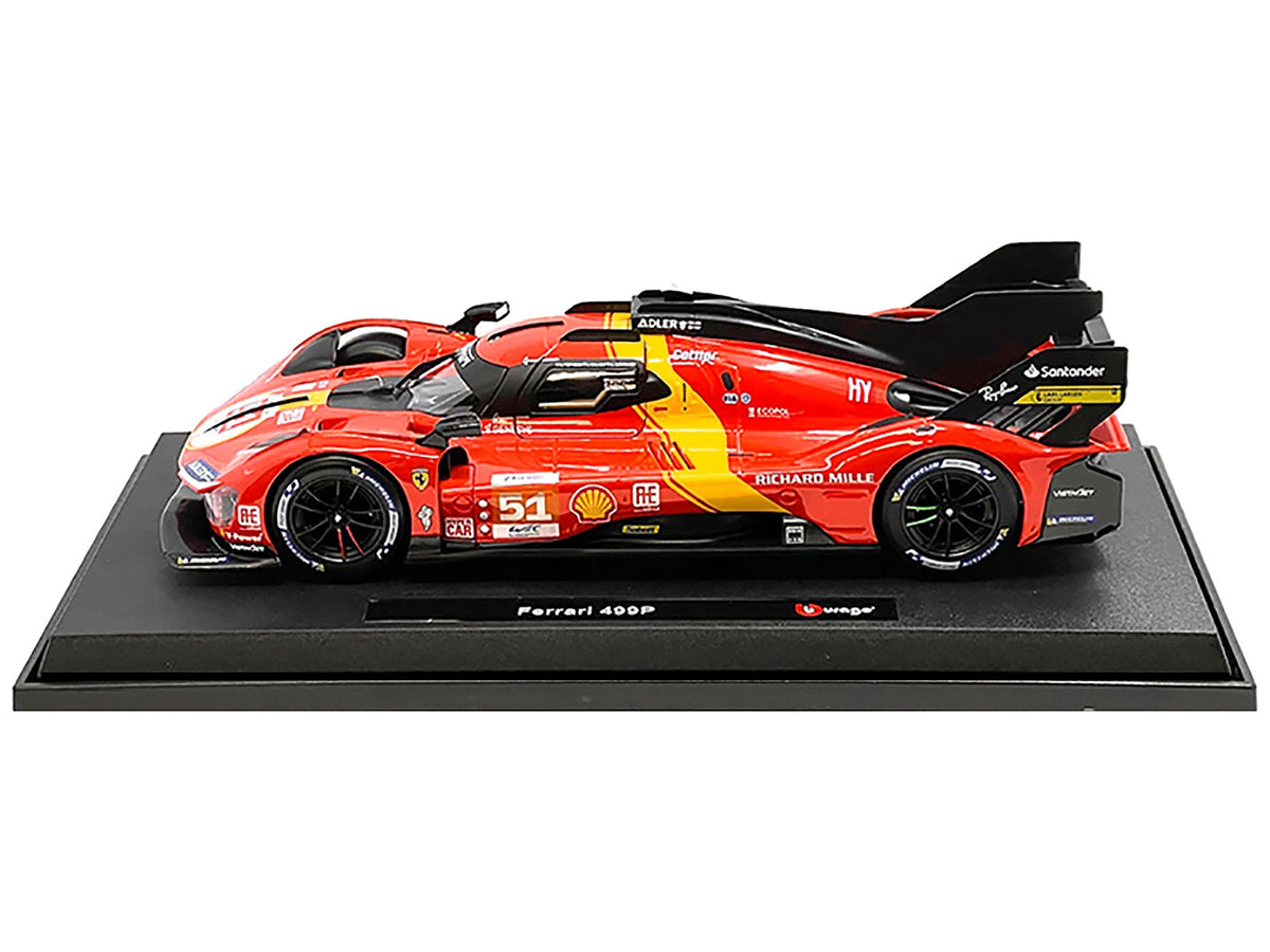 Miniature Ferrari 499P #51 racing model car by Bburago, featuring James Calado, Antonio Giovinazzi, Alessandro Pier Guidi, 1/18 scale.