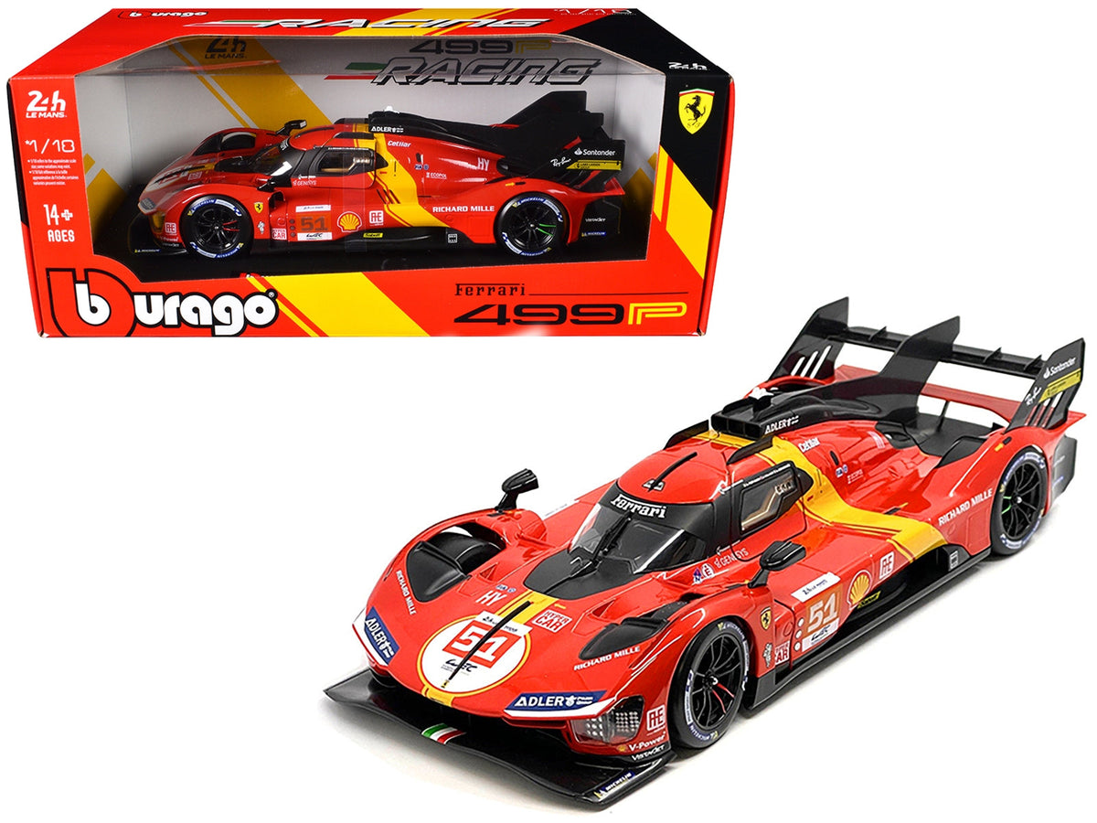 Miniature Ferrari 499P #51 race car diecast model by Bburago, showing detailed design and racing livery from the 24 Hours of Le Mans.