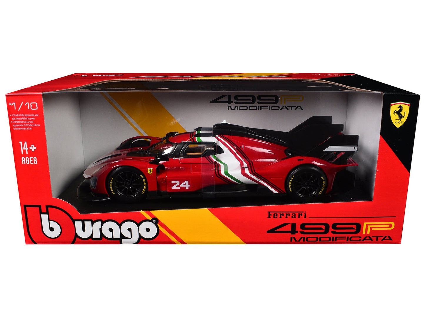 Ferrari 499P Modificata #24 Red with Italian Flag Stripes "Racing" Series 1/18 Diecast Model Car by Bburago