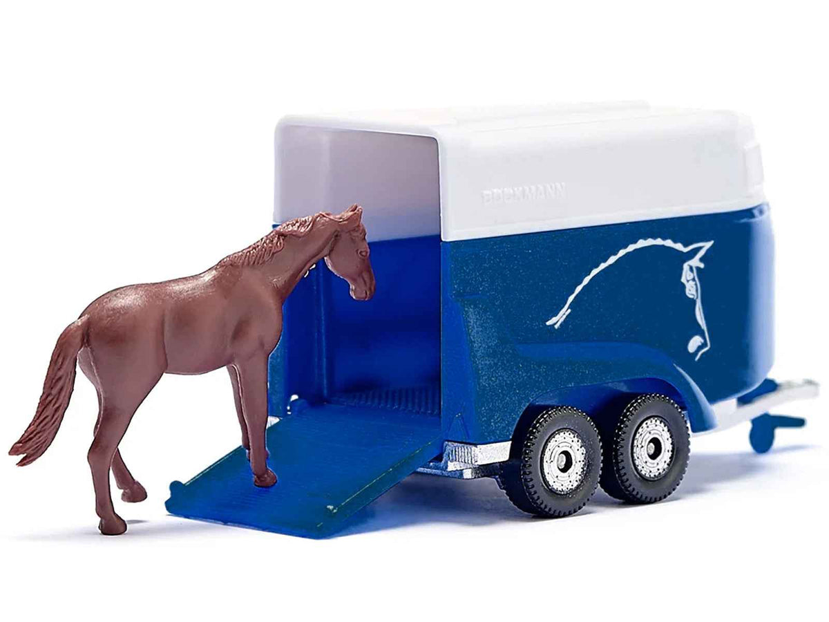 Red Jeep diecast model with blue horse trailer and accessories by Siku, detailed miniature vehicle for collectors.