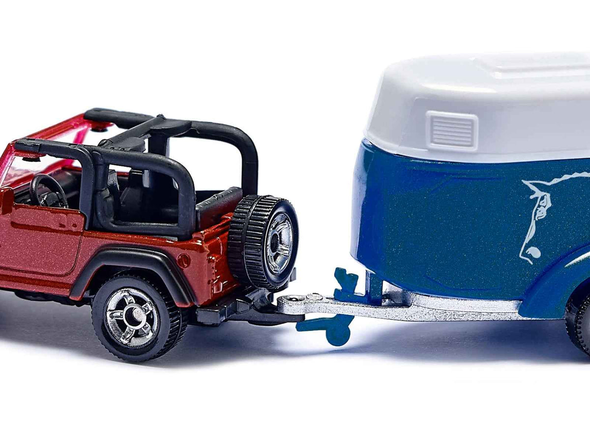 Red Jeep model with blue horse trailer and horse accessory, diecast miniatures by Siku, detailed miniature vehicle for collectors
