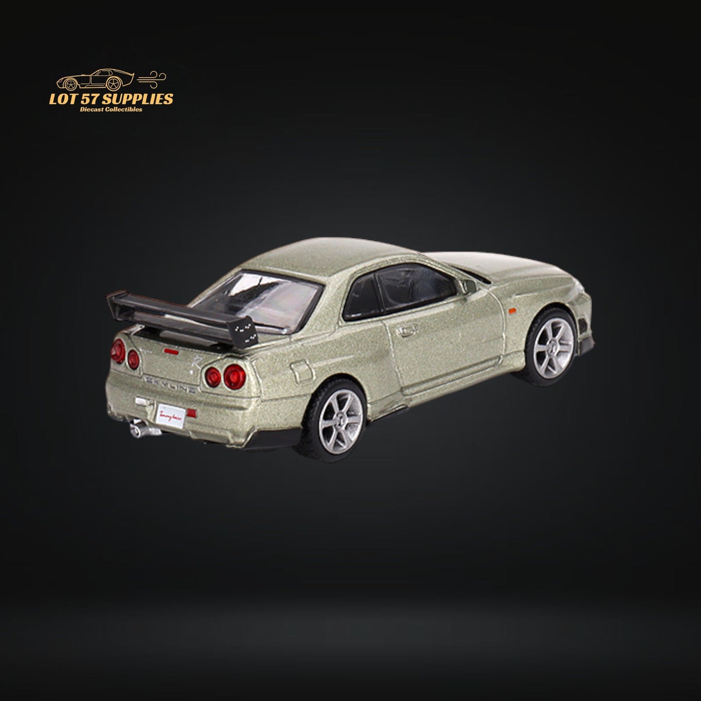 Mini-GT Nissan Skyline GT-R R34 diecast model by Lot57Supplies, detailed 1:64 scale car with vibrant colors and realistic features.