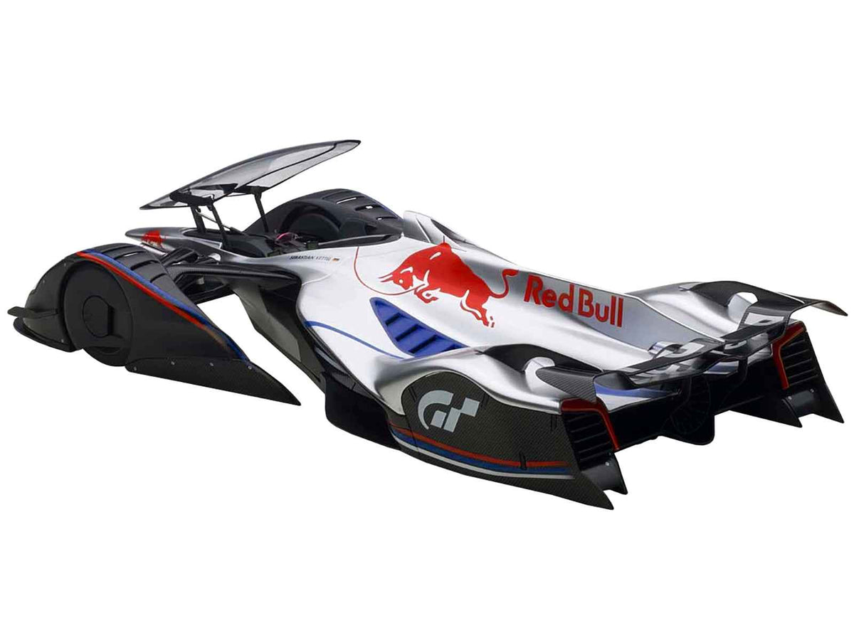 Red Bull X2014 Fan Car model by Autoart, featuring Sebastian Vettel, Hyper Silver finish, 1/18 scale miniature car for collectors.