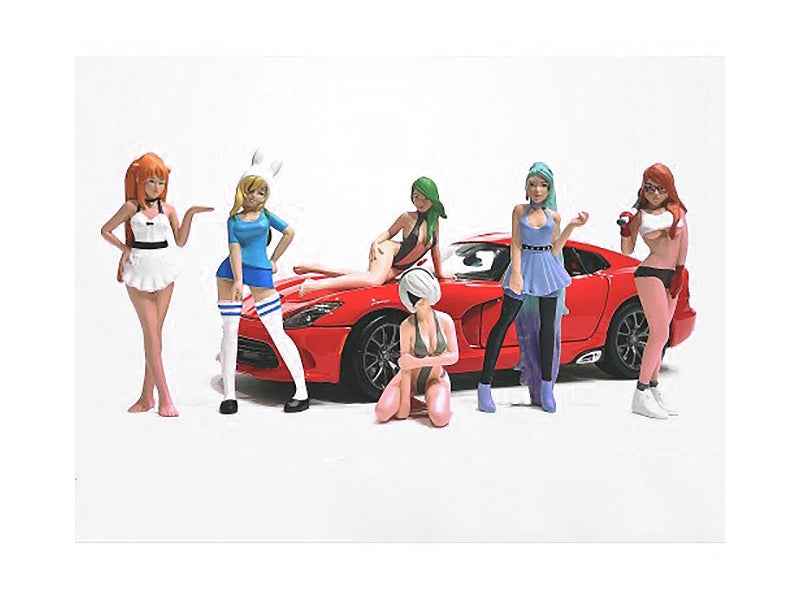 Set of six miniature girl figures for 1/18 scale models by Miniature Motors, detailed collectible figures from American Diorama.