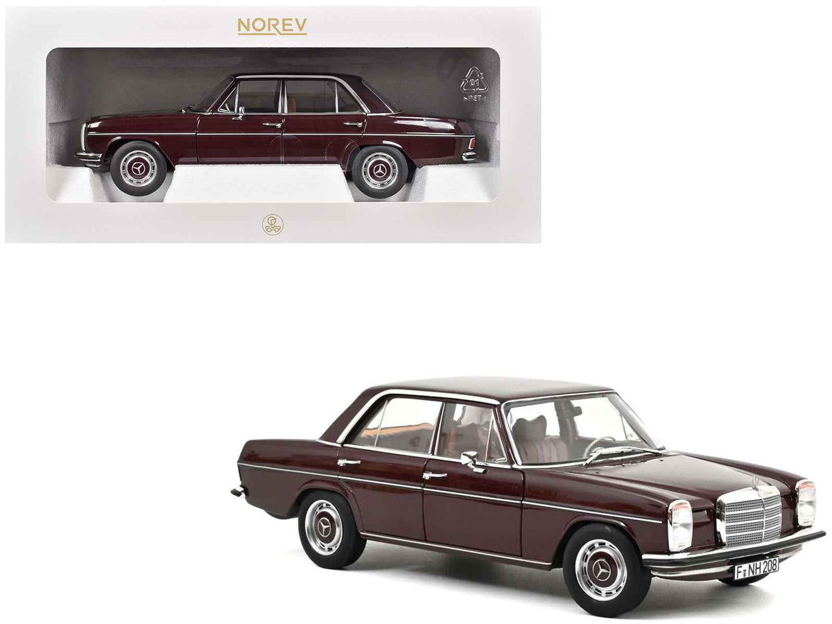 Dark red-brown 1/18 scale Mercedes-Benz 200 diecast model car by Norev, detailed miniature vehicle from Mercedes models collection.