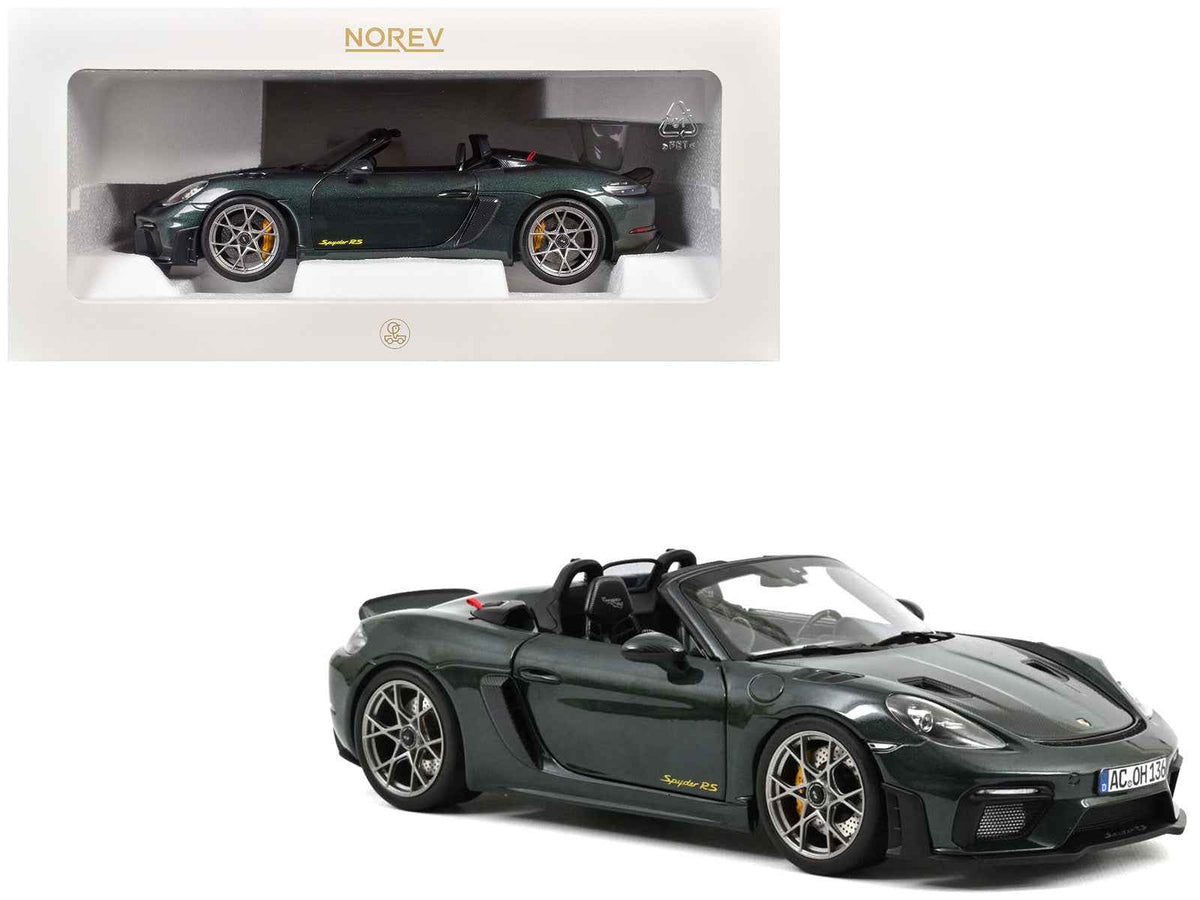 Miniature 1/18 Porsche 718 Spyder RS Weissach Pack diecast model in Forest Green Metallic with carbon hood stripes by Norev