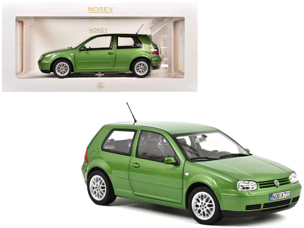 Green metallic 1998 Volkswagen Golf GTI diecast model car by Miniature Motors, detailed 1/18 scale Volkswagen model by Norev.