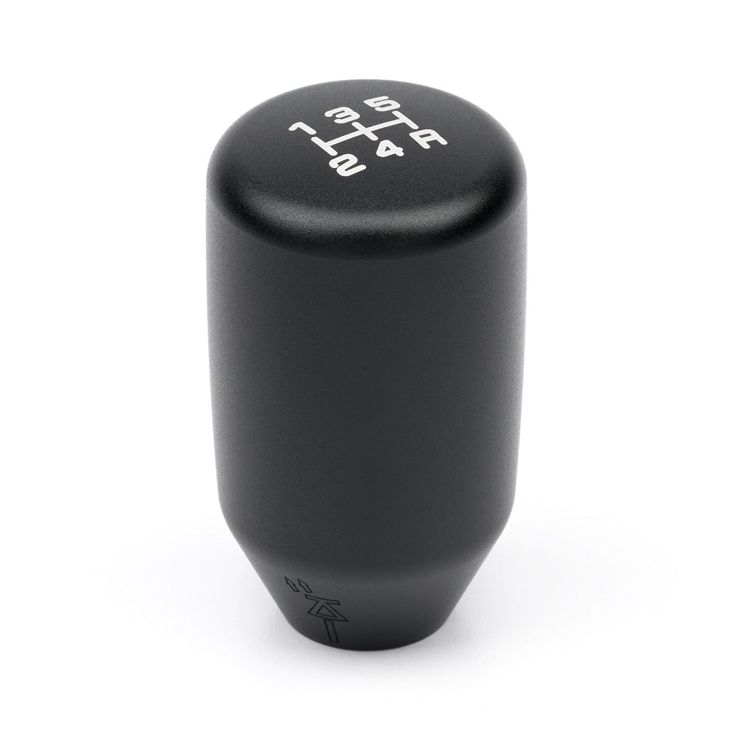 A satin black ACUITY ESCO-T5 5-speed shift knob with M10 x 1.5 threading for automatic or manual transmission.