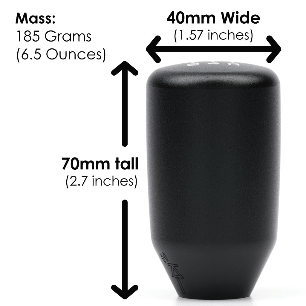 Satin black ACUITY ESCO-T5 5-speed shift knob with M10 x 1.5 threading on a car gear shift lever.