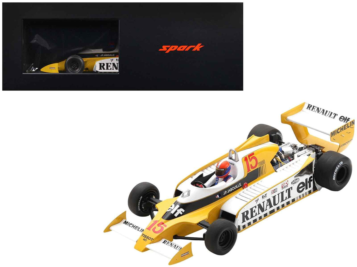 Miniature Renault RS11 #15 Jean-Pierre Jabouille F1 model car by Spark in acrylic display case, celebrating 1979 French GP victory.