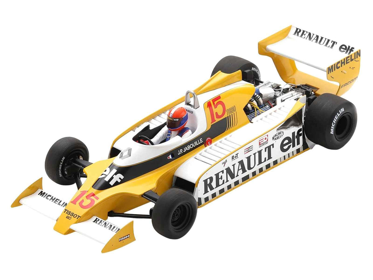 Miniature Renault RS11 #15 Jean-Pierre Jabouille F1 model car in acrylic display case, celebrating 1979 French GP victory.