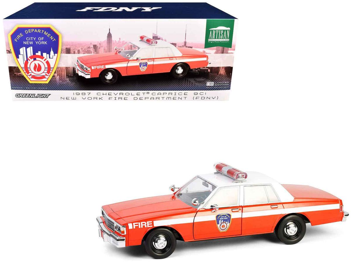 1987 Chevrolet Caprice 9C1 FDNY diecast model car by Greenlight, red with white top and stripes, from the Artisan Collection.