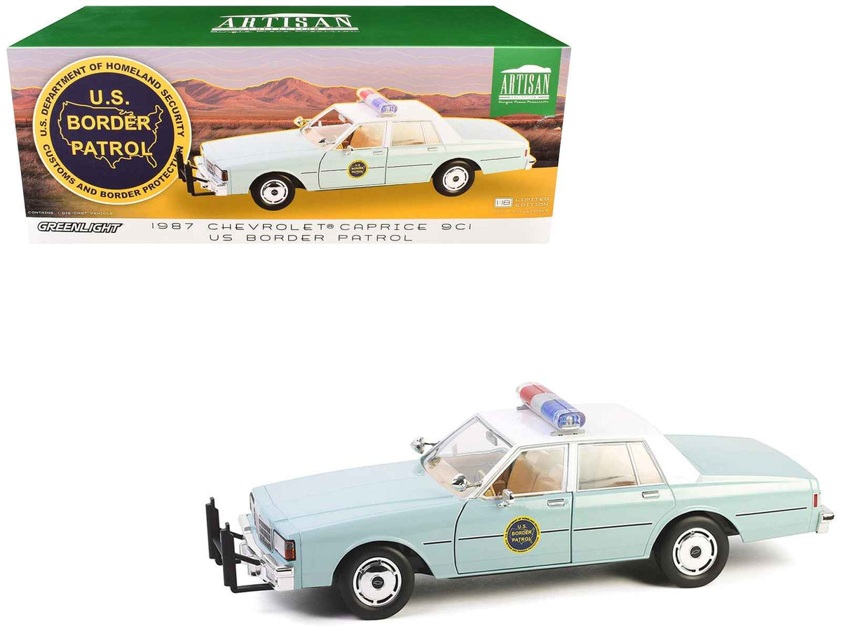 Greenlight 1/18 diecast model of a 1987 Chevrolet Caprice 9C1 US Border Patrol car in light green with white top, part of Artisan Collection.