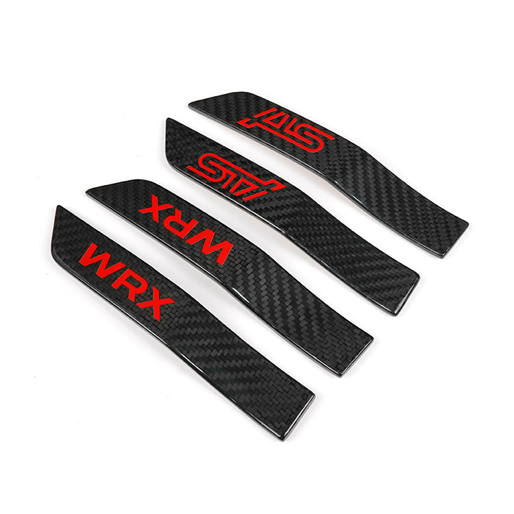 JDMuscle Tanso Carbon Fiber Fender Emblem V2 for 2015-2021 WRX/STI, close-up of black carbon fiber car emblem on vehicle fender