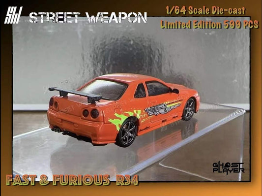 Diecast Nissan R34 GT-R with Fast & Furious livery, 1:64 scale model from Lot57Supplies Diecast Shop, detailed street weapon car.